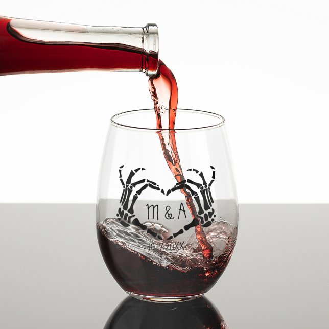 Heart Shape Skeleton Hands Personalized Wedding Stemless Wine Glass (Creator Uploaded)