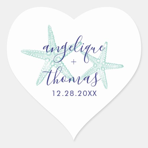 Heart Shape Starfish Teal Beach Wedding Heart Sticker