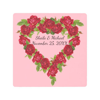 Heart Shape Wedding Wreath of Roses on Pink Metal Print