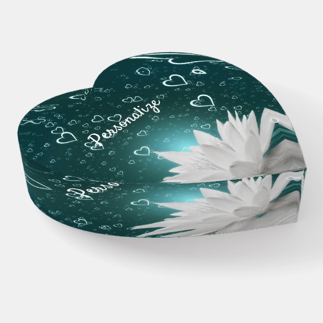 Heart Shape White Water Lily & Hearts Personalize Paperweight (Angled)