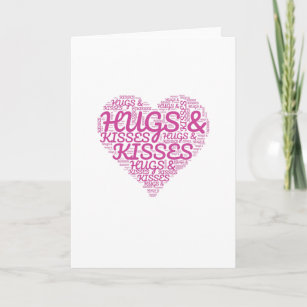 Heart shape word cloud of hugs and kisses card