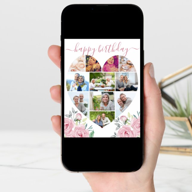 Heart Shaped 11 Photo Collage Pink Peony Birthday Card (Front Digital)