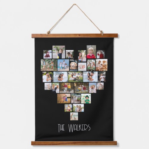 Heart Shaped 29 Photo Collage Family Name Black Hanging Tapestry