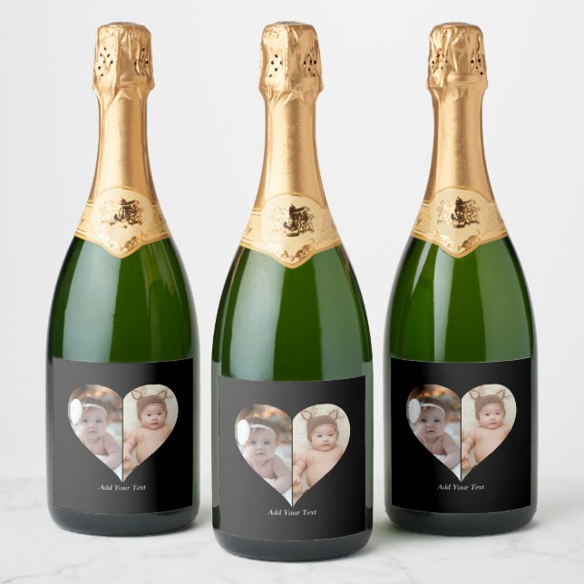 Heart Shaped 2 Photo Collage Sparkling Wine Label (Bottles)