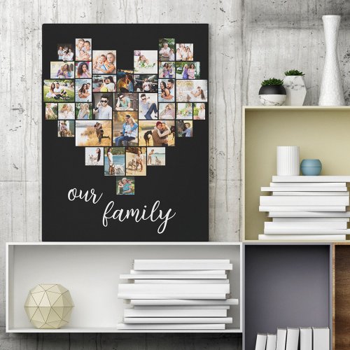 Heart Shaped 36 Photo Collage Our Family Script Canvas Print