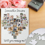 Heart Shaped 36 Photo Collage Will You Marry Me Jigsaw Puzzle<br><div class="desc">Heart Shaped photo collage jigsaw with 36 of your favorite photos. Your partner's name and "Will You Marry Me?" is lettered in handwritten script and the photo template is set up to automatically display your photos in a heart shape. The collage uses vertical, square and landscape photos. If you have...</div>
