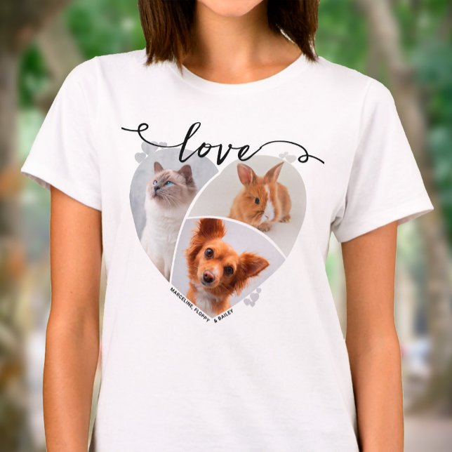 Heart-Shaped 3 Pet Photo Collage & Love Script T-Shirt (Heart Shaped Pet Photo Collage T-Shirt)