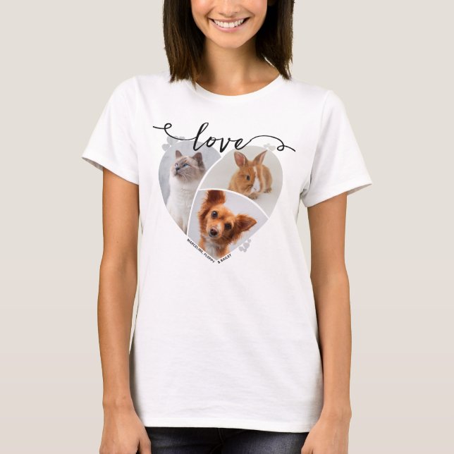 Heart-Shaped 3 Pet Photo Collage & Love Script T-Shirt (Front)