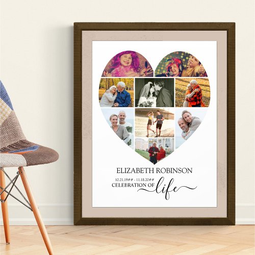 Heart Shaped 9 Photo Collage Celebration of Life Poster