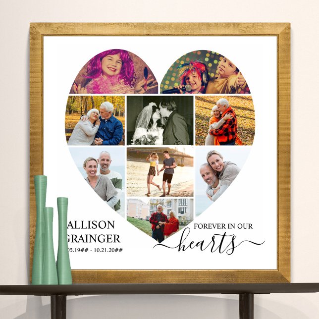 Heart Shaped 9 Photo Collage Forever in our Hearts Poster (Funeral memorial poster to order professionally printed or as a printable digital download)