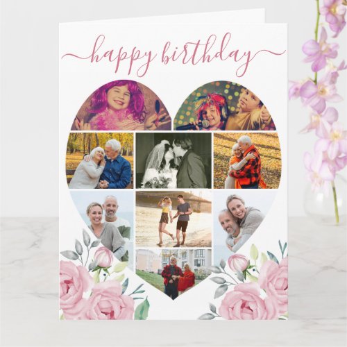 Heart Shaped 9 Photo Collage Pink Peony Birthday
