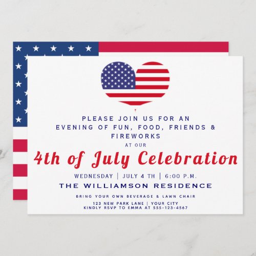 Heart Shaped American Flag  4th of July Invitation