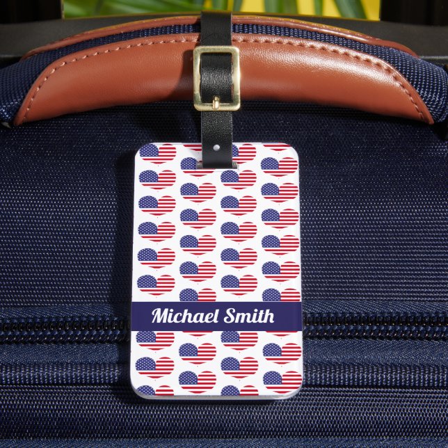 Heart Shaped American Flag Pattern | Personalized Luggage Tag (Front Insitu 2)