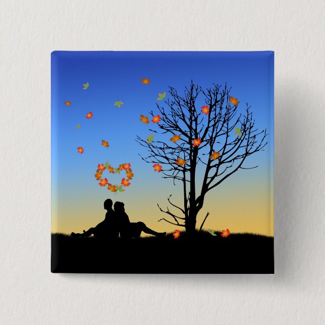 Heart-Shaped Autumn Leaves Couple Button (Front)