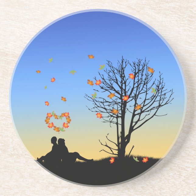 Heart-Shaped Autumn Leaves Couple Coaster (Front)
