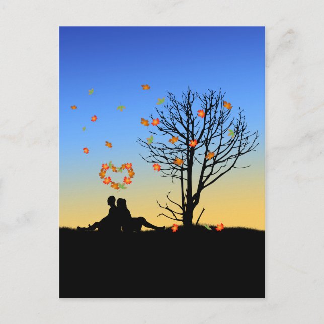 Heart-Shaped Autumn Leaves Couple Postcard (Front)
