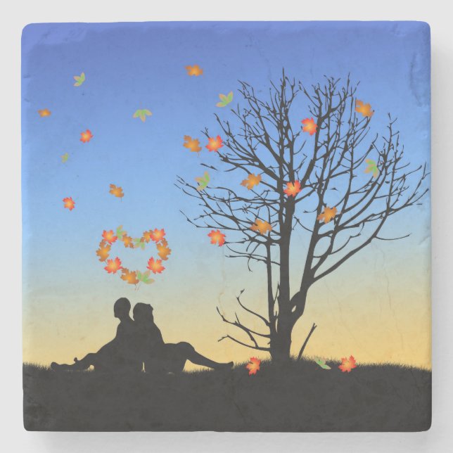 Heart-Shaped Autumn Leaves Couple Stone Coaster (Front)