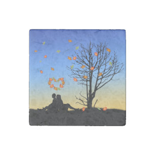 Heart-Shaped Autumn Leaves Couple Stone Magnet