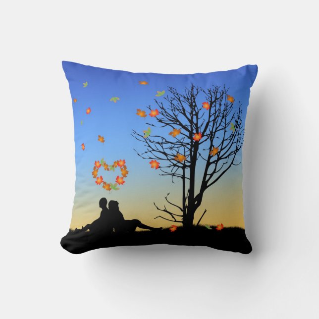 Heart-Shaped Autumn Leaves Couple Throw Pillow (Front)
