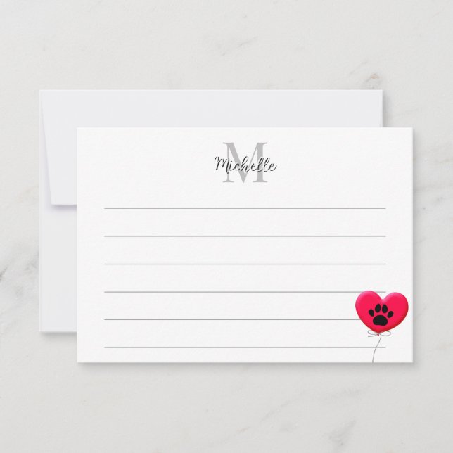 Heart Shaped Balloon Dog Paw Lined Monogram Note Card (Front)