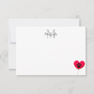 Heart Shaped Balloon Dog Paw Monogram Note Card