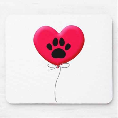 Heart Shaped Balloon With Dog Paw Print Mouse Pad
