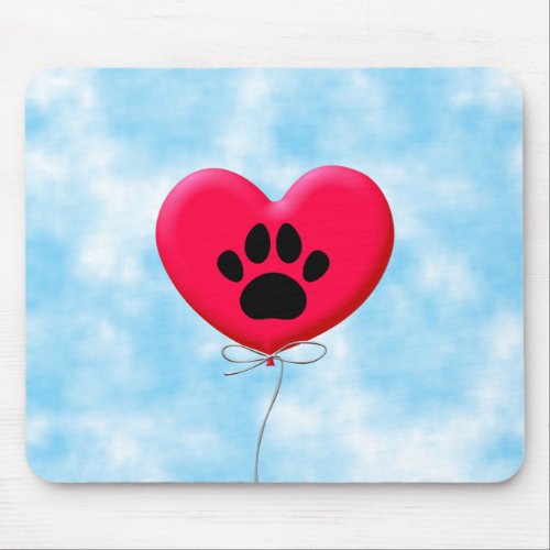 Heart Shaped Balloon With Dog Paw Print Mouse Pad