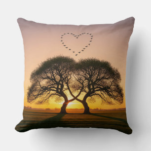Heart-Shaped Bird Flock at Sunset – Romantic Throw Pillow