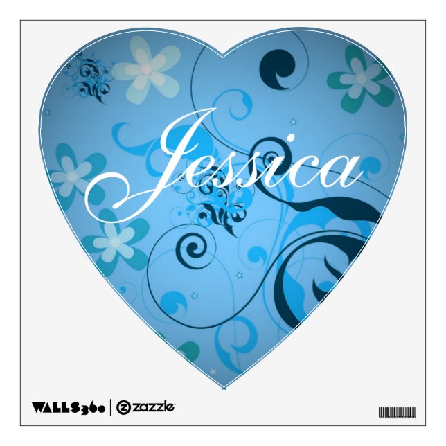 Heart Shaped Blue Floral Kids Custom Name Wall Decal (Front)