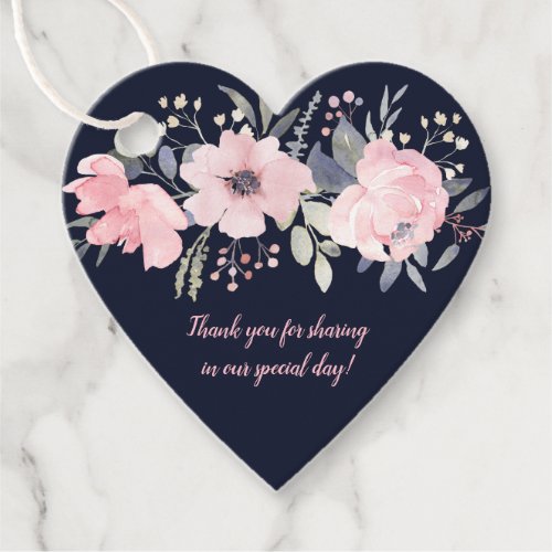 Heart_Shaped Blush Pink Floral on Navy Wedding  Favor Tags