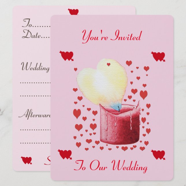 heart shaped buring flame pink and red wedding invitation (Front/Back)