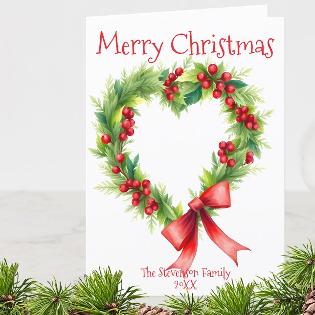 Heart-Shaped Christmas Wreath with Red Bow Holiday Card (Creator Uploaded)