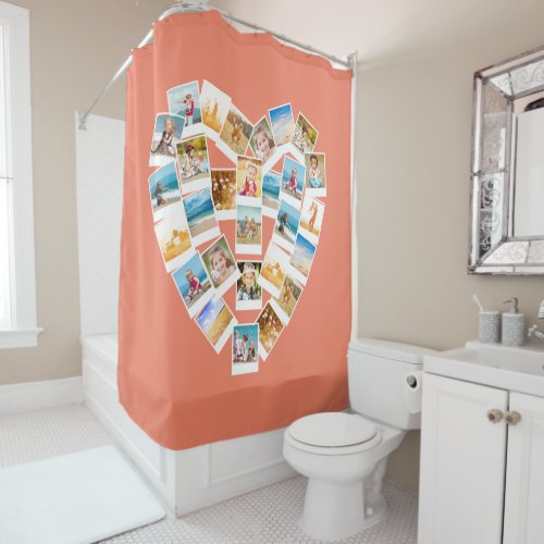 Heart Shaped Collage Family Photos Coral Shower Curtain