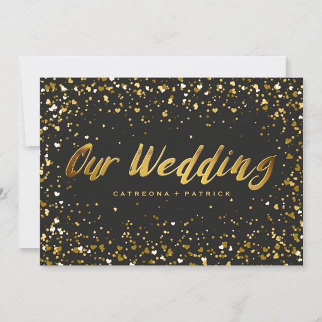 Heart-Shaped Confetti Black Gold Wedding Invitation (Front)