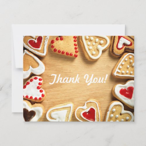 Heart Shaped Cookies on Wood Flat Thank You Card