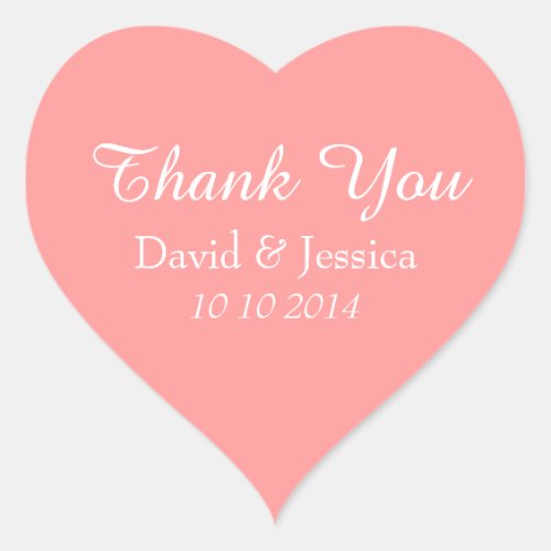 Heart shaped coral pink wedding thank you stickers