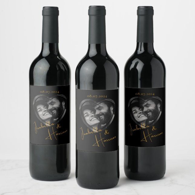 Heart Shaped Custom Photo Black and Gold Wine Label (Bottles)