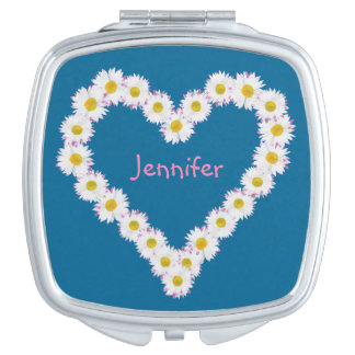 Heart-shaped Daisy Chain on Deep Sky Blue Makeup Mirror