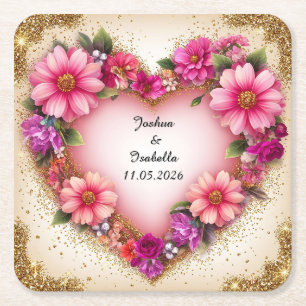Heart-Shaped Floral Arrangement Square Paper Coaster