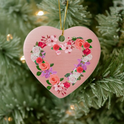 Heart Shaped Floral Bouquet Of Love Ceramic Ornament