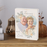 Heart Shaped Floral Gold Frame Wedding Photo Wooden Box Sign<br><div class="desc">Custom Photo block displaying your favorite photo in a geometric heart shaped gold frame. The frame is decorated with watercolor bouquets of cream and apricot flowers. It is lettered with the wording "forever and ever" in elegant casual, handwritten script on a neutral, almond white background, all of which you can...</div>