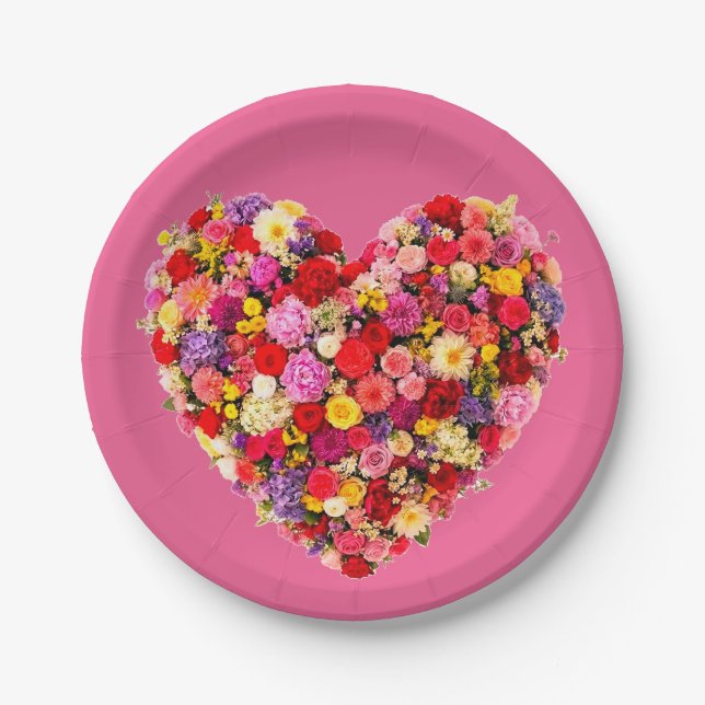 Heart-shaped Floral Valentine Love Arrangement Paper Plates (Front)
