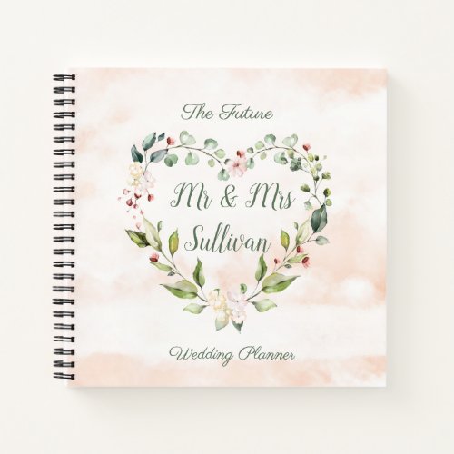 Heart shaped floral wreath foliage Wedding Notebook