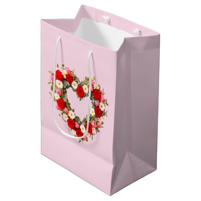 Heart Shaped Floral Wreath Roses Daisies Tulips Medium Gift Bag (Front Angled)