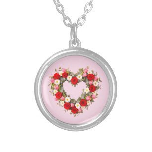 Heart Shaped Floral Wreath Roses Daisies Tulips Silver Plated Necklace