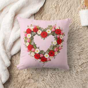 Heart Shaped Floral Wreath Roses Daisies Tulips Throw Pillow