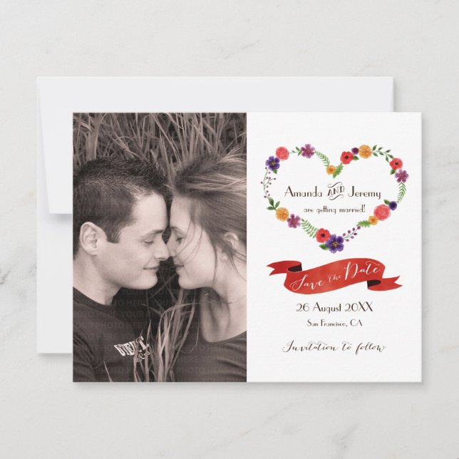 Heart-Shaped Flower Wreath Rustic Wedding Announcement (Front)