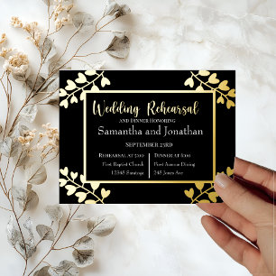 Heart Shaped Flowers on Black Gold Foil rehearsal Foil Invitation Postcard