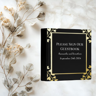Heart Shaped Flowers on Black Gold Foil wedding 3 Ring Binder