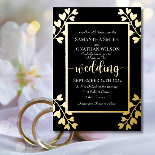 Heart Shaped Flowers on Black Wedding Gold Foil Invitation
